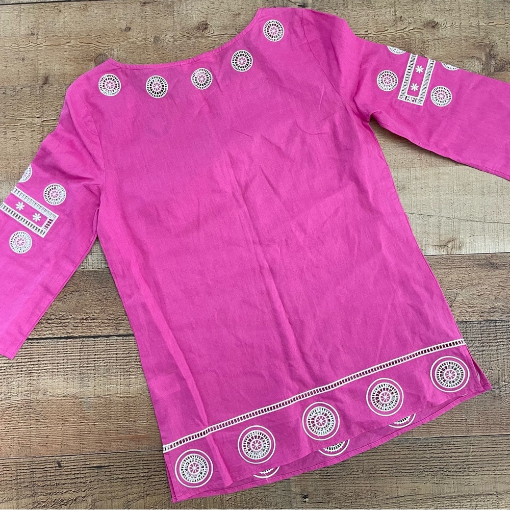 Lilly Pulitzer Wide Neck Tunic Top Linen Fuchsia Pink White Emroidery Size 0 - Picture 5 of 7